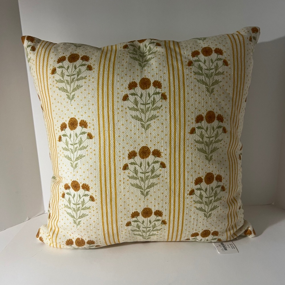 Anthropologie Mira Cotton Woven Printed Floral Pillow Yellow Stripe 18" New - Picture 2 of 8